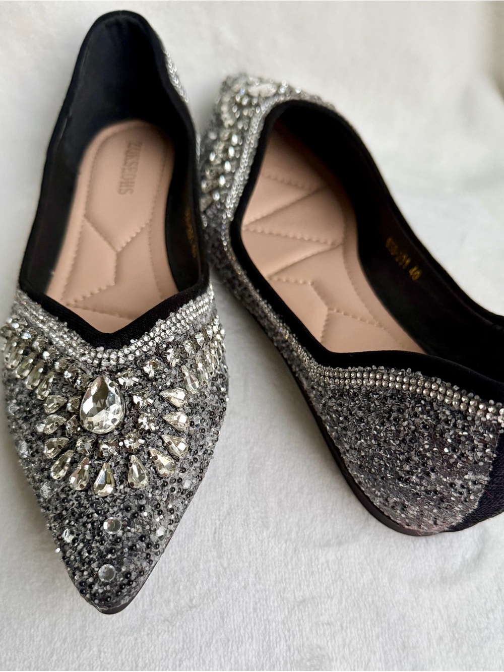 ZQKSEOHS Black Rhinestone Sparkly Pointed Toe Dress Ballet Flats Size 40 - Picture 6 of 12